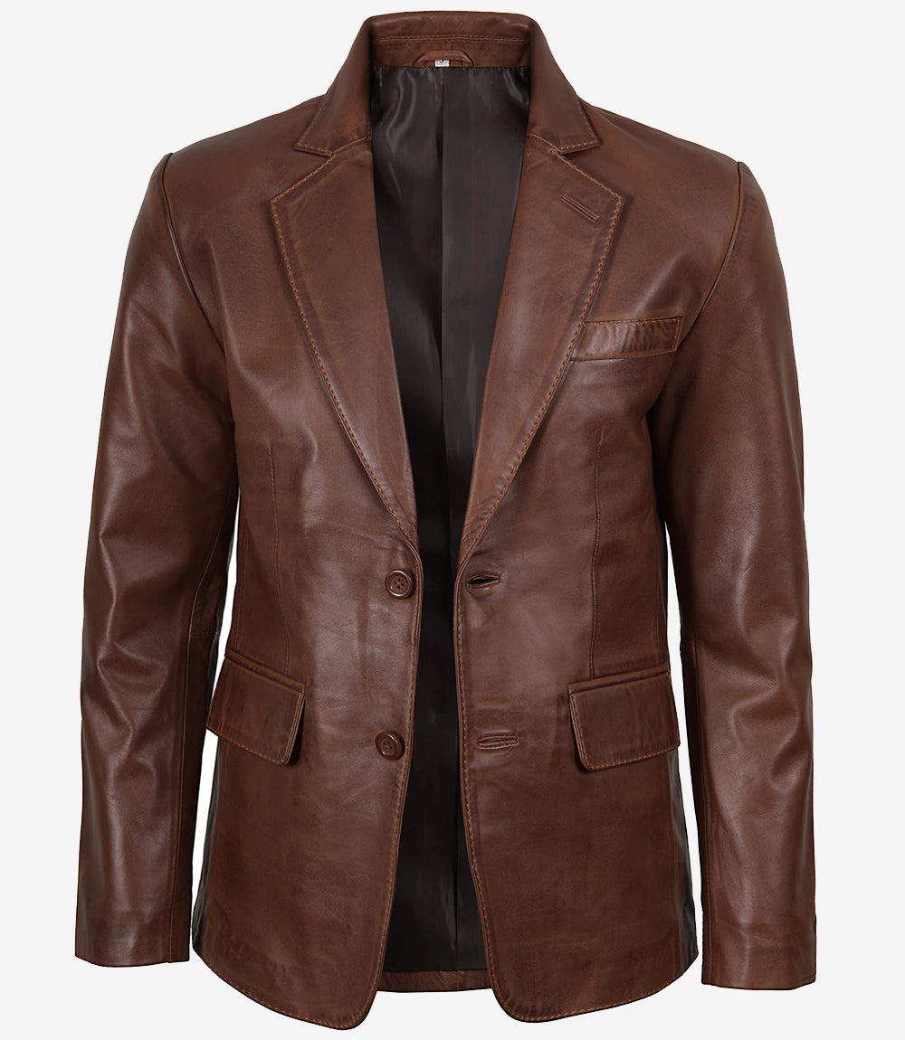 Mens Two Button Cognac Waxed Leather Blazer - Notch Lapel