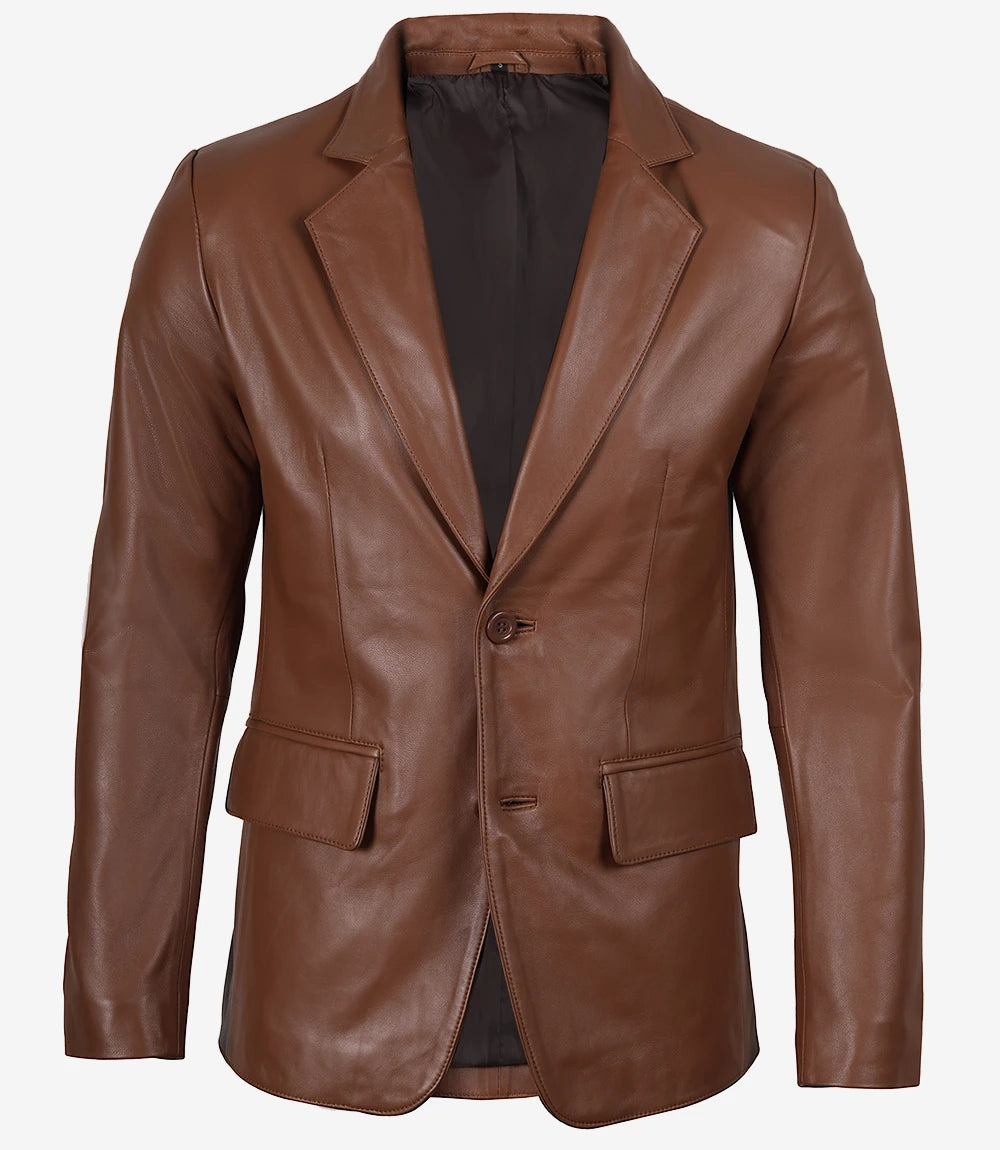 Mens Exclusive Two Button Real Leather Cognac Blazer