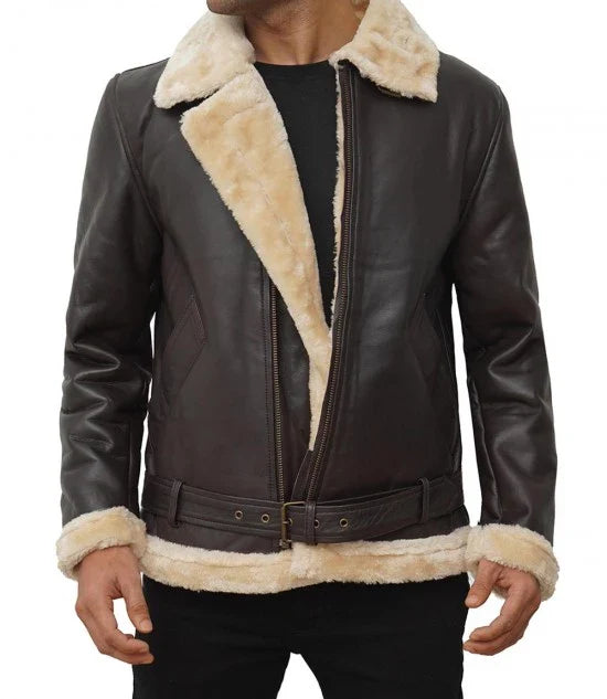 Men's Real Leather Dark Brown Bomber Fur Aviator Jacket