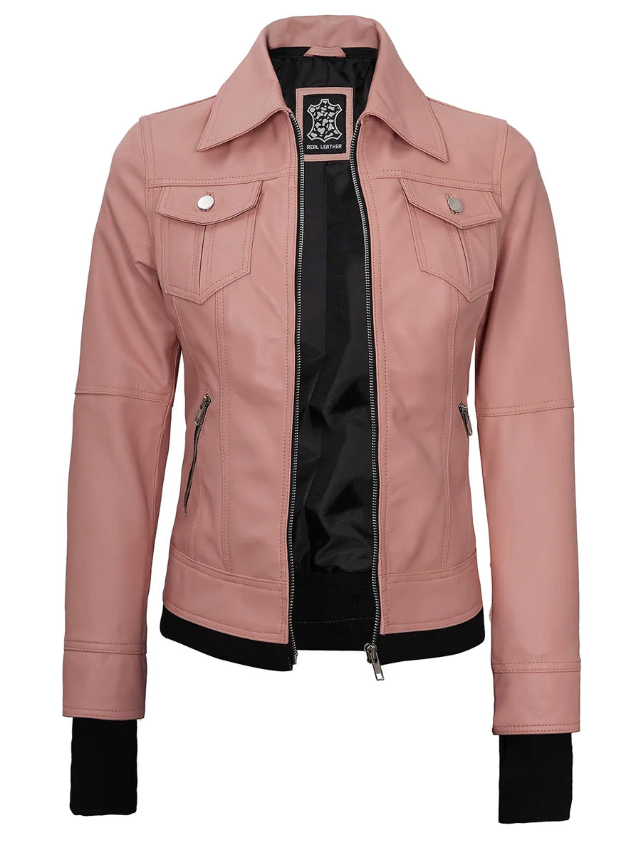 Tralee Women's Pink Leather Biker Style Jacket with Hood