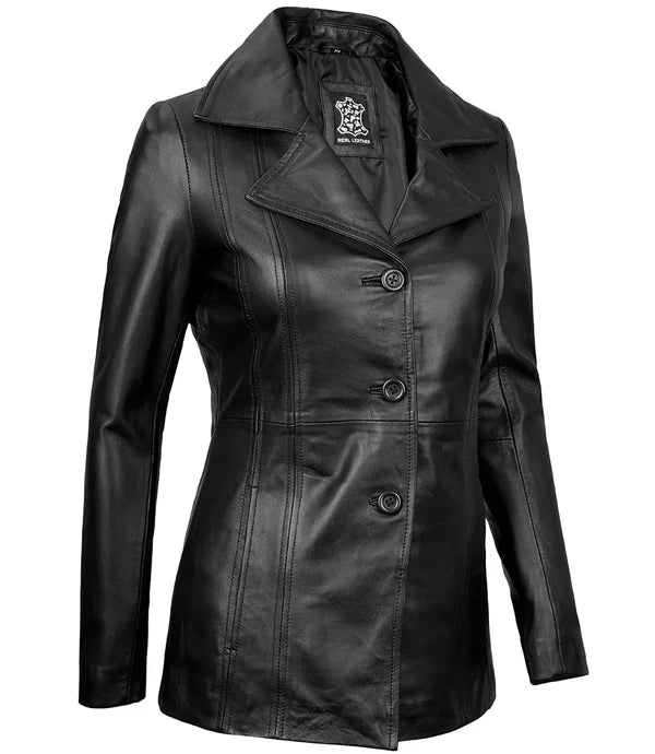 Womens Black Leather Blazer with Three Button