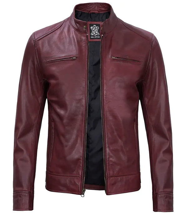 Dodge Men's Burgundy Cafe Racer Leather Jacket
