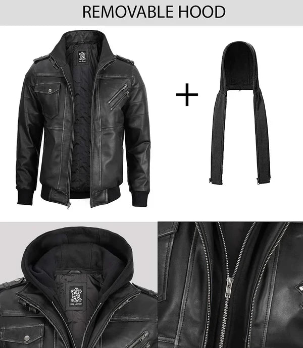 Men's Bomber Dark Grey Leather Jacket with Removable Hood