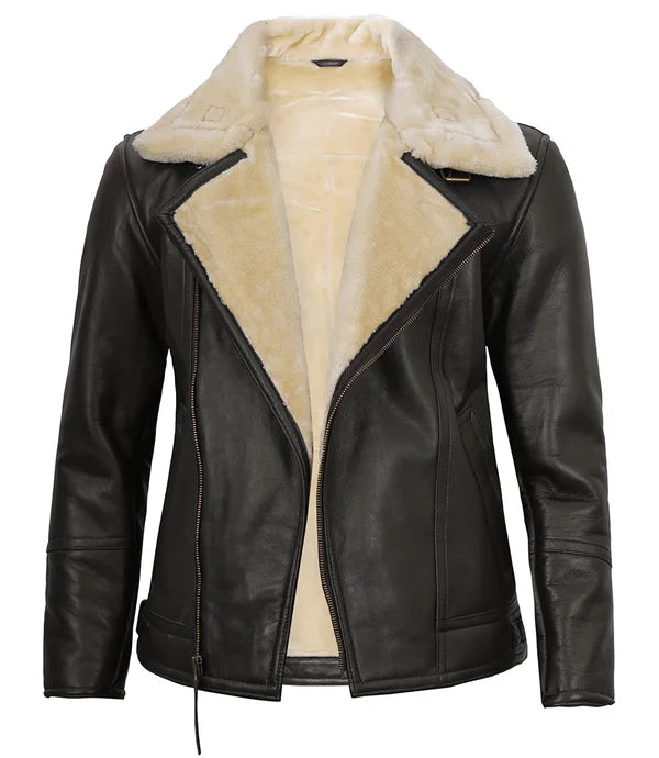 Mens Dark Brown Asymmetrical Leather Shearling Jacket