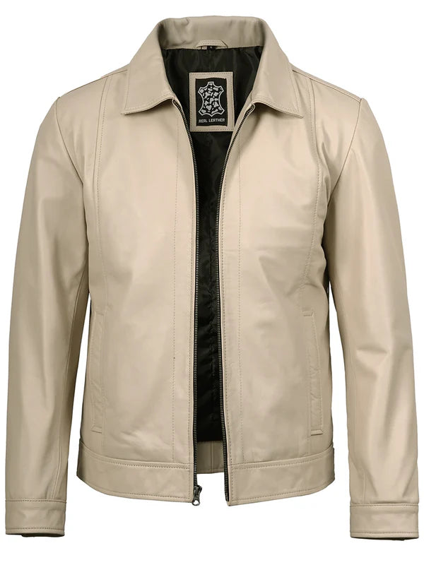 Men's Beige Real Leather Harrington Jacket