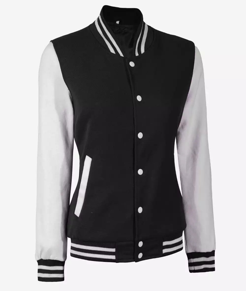 Women’s White and Black Varsity Jacket – Baseball Style Bomber