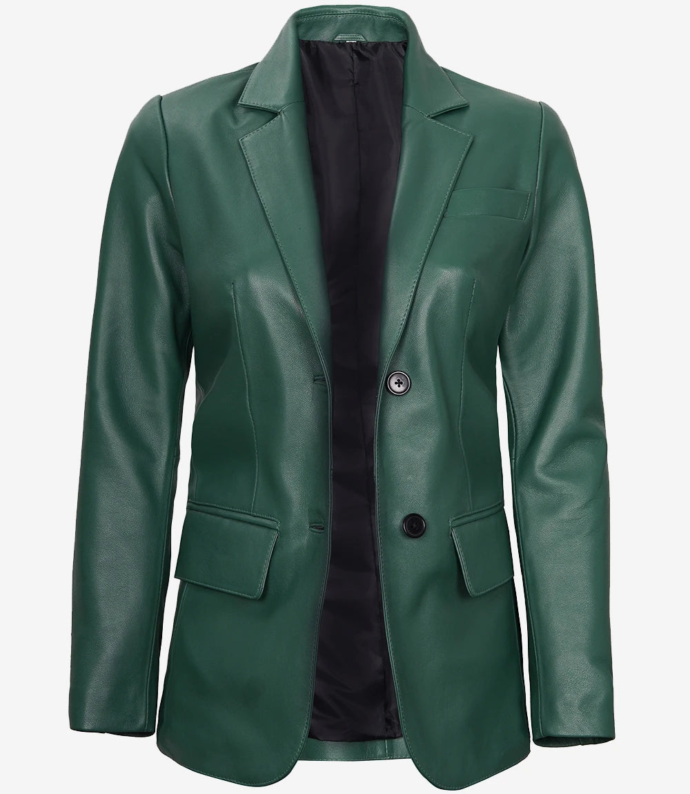 Womens Two Button Green Leather Blazer
