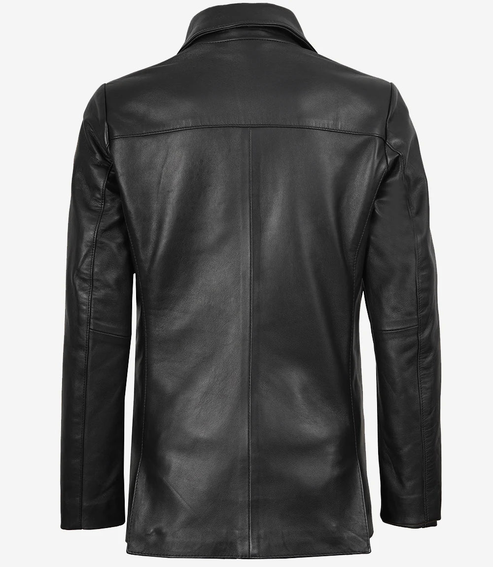 Womens Two Button Notch Lapel Black Leather Blazer Jacket