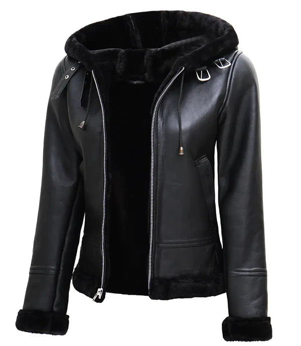 Womens Black Leather Hooded Shearling Jacket