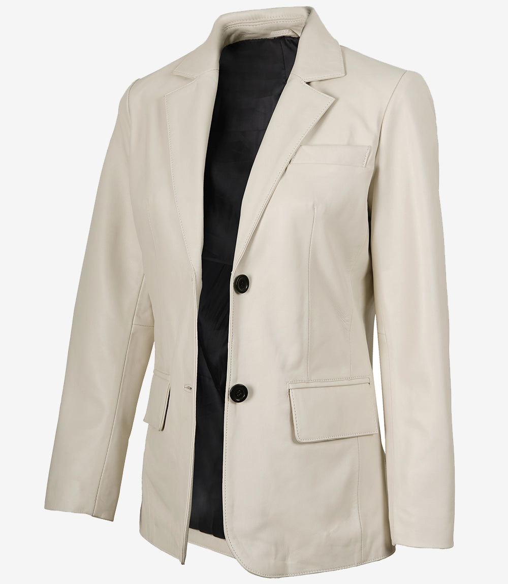 Womens Two Button Off White Leather Blazer