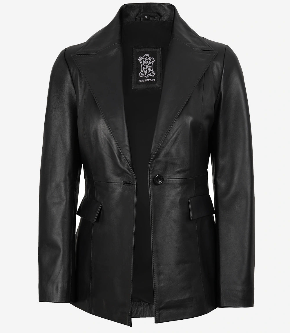 Womens Single Button Black Leather Blazer - Peak Lapel