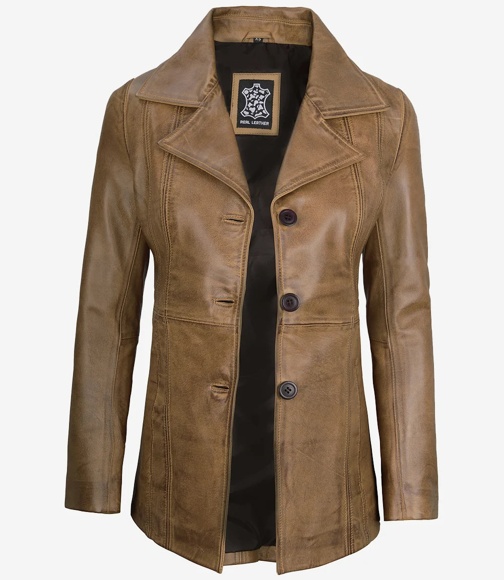 Women's Three Button Camel Brown Leather Blazer
