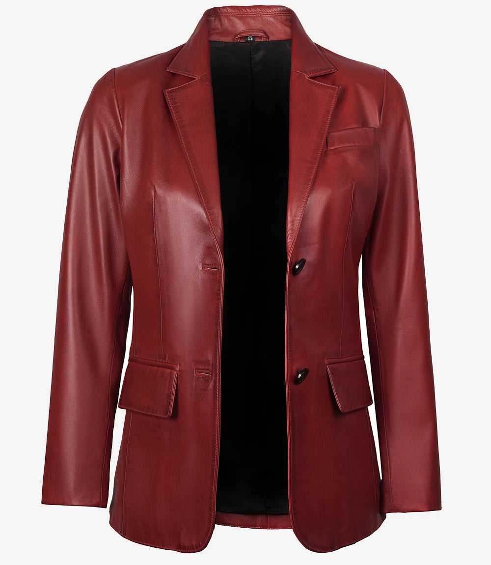 Womens Two Button Red Waxed Leather Blazer
