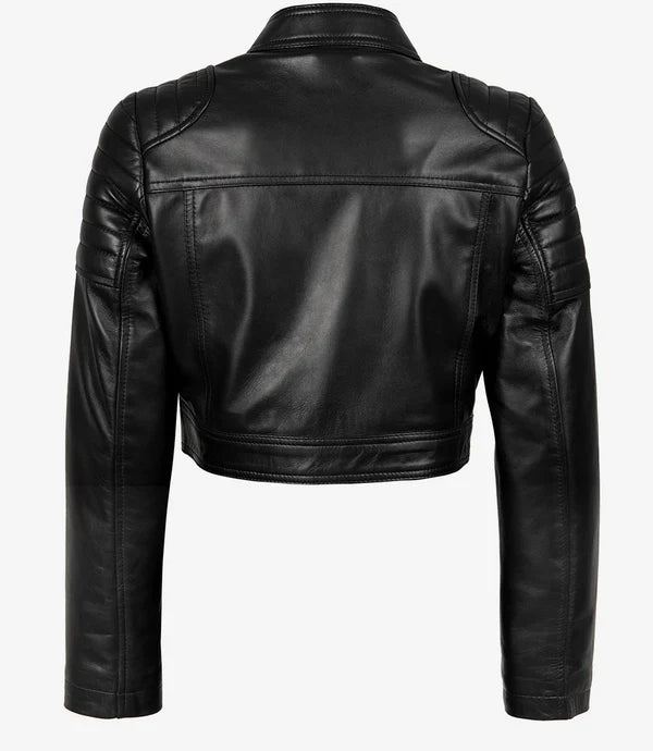 Women's Black Cropped Leather Biker Style Jacket