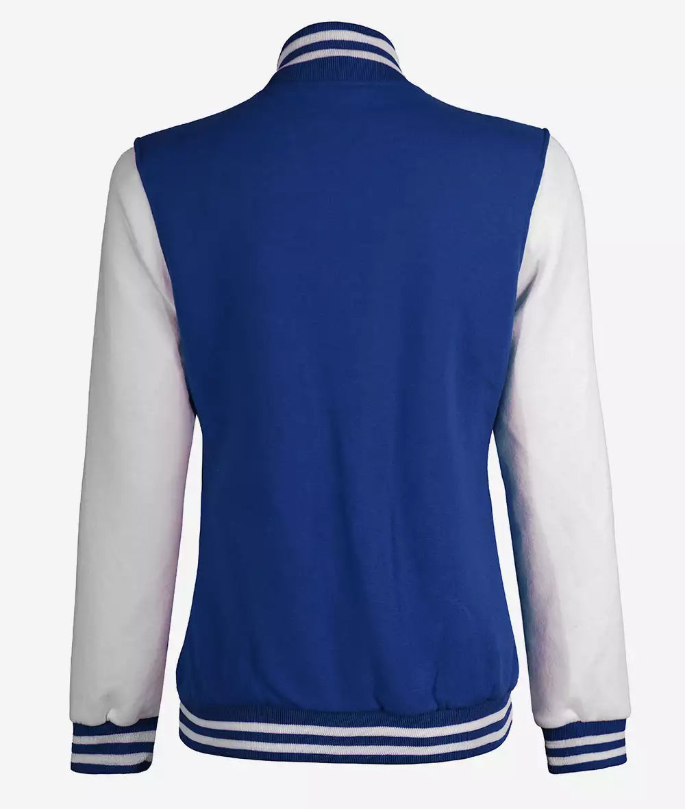 Women’s White and Royal Blue Varsity Jacket – Baseball Style Bomber