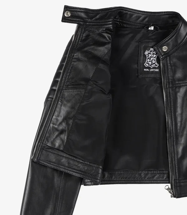 Women's Black Cropped Leather Biker Style Jacket