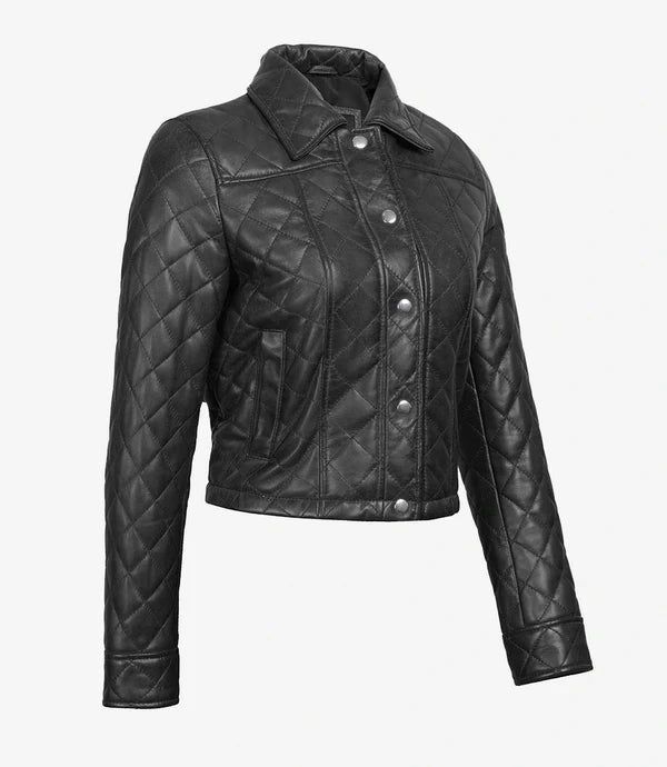 Womens Quilted Black Cropped Leather Jacket