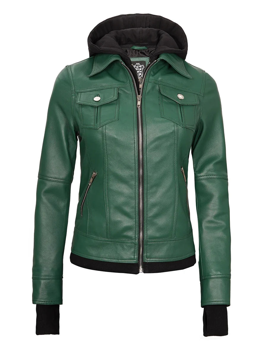 Tralee Women's Green Real Leather Jacket with Hood