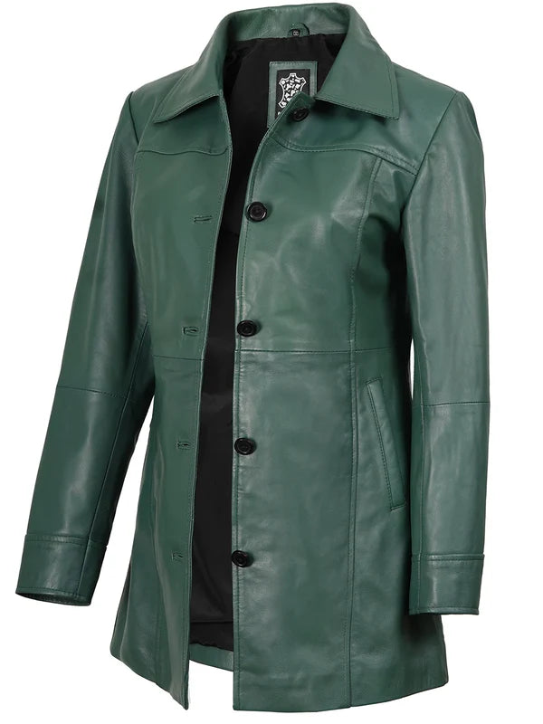 Kandis Women's Green Real Leather Car Coat