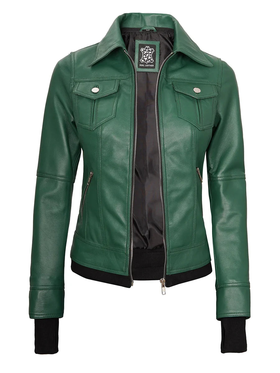 Tralee Women's Green Real Leather Jacket with Hood