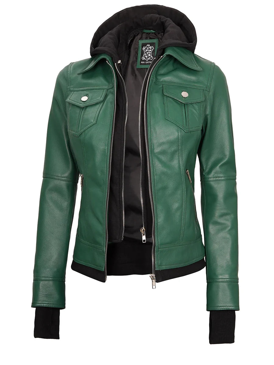 Tralee Women's Green Real Leather Jacket with Hood