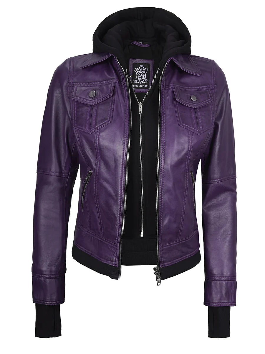 Women's Purple Leather Jacket with Removable Hood