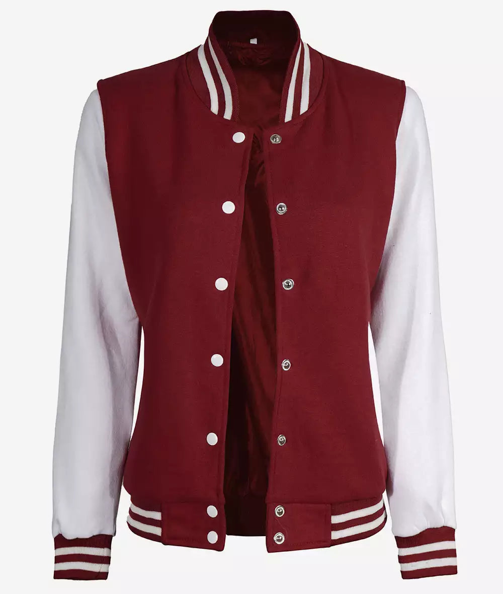 Womens Maroon Varsity Jacket with White Sleeves - Baseball Style Jacket