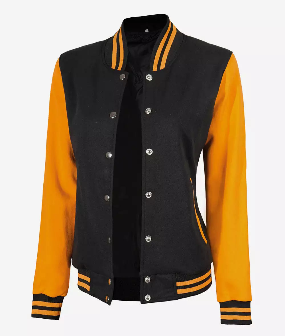 Women’s Black and Yellow Letterman Jacket – Baseball Style Varsity Bomber