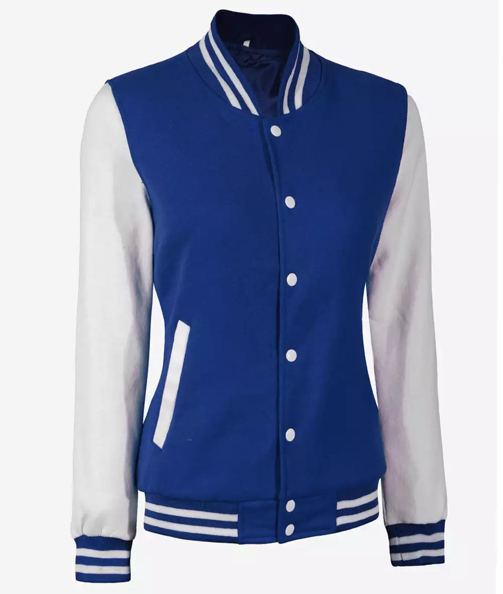 Women’s White and Royal Blue Varsity Jacket – Baseball Style Bomber