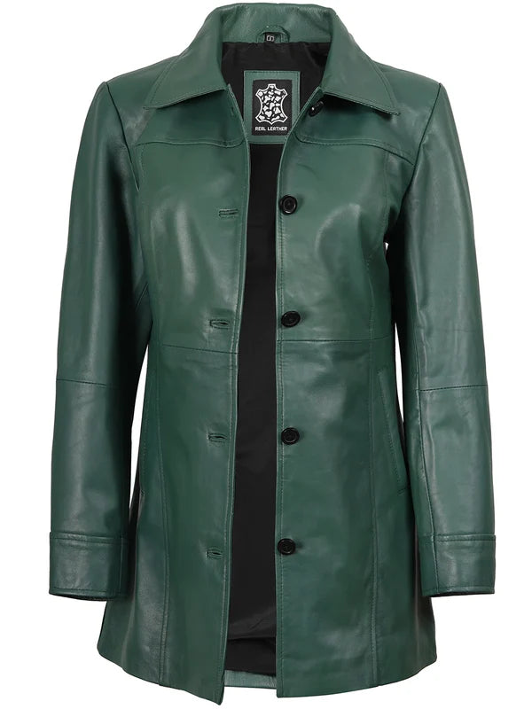 Kandis Women's Green Real Leather Car Coat