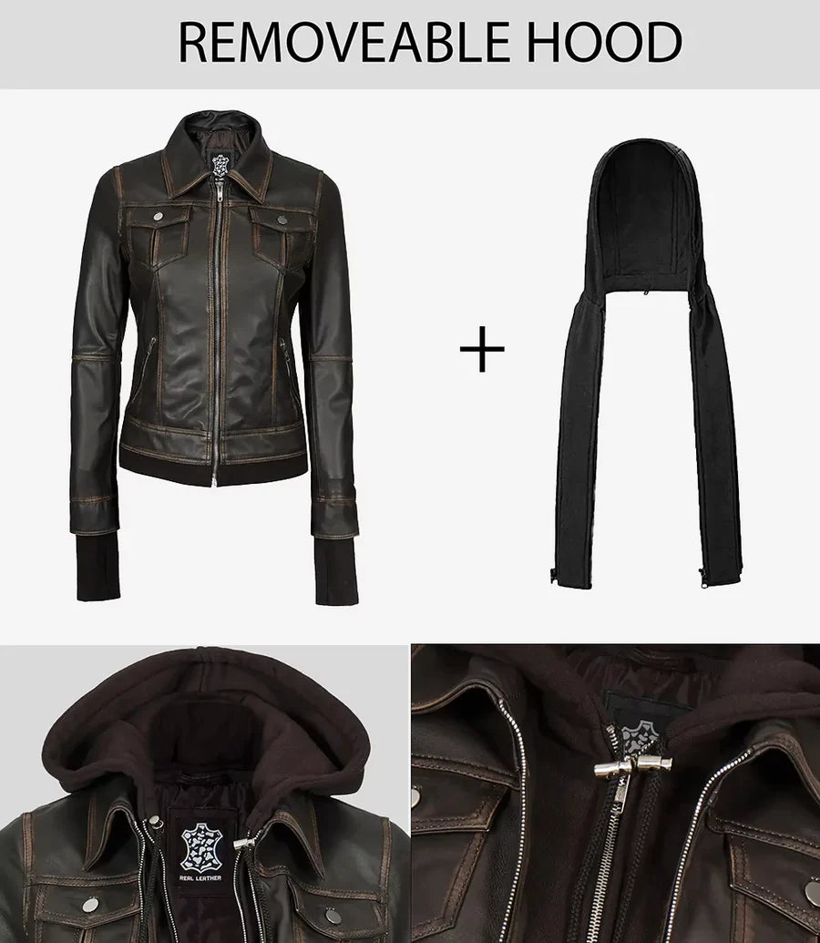 Tralee Women Dark Brown Bomber Leather Jacket With Removable Hood