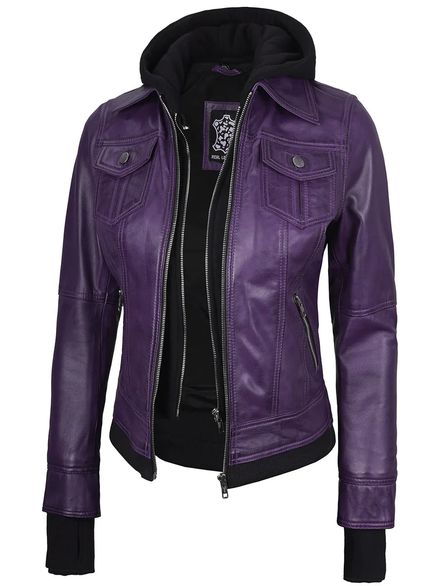 Women's Purple Leather Jacket with Removable Hood