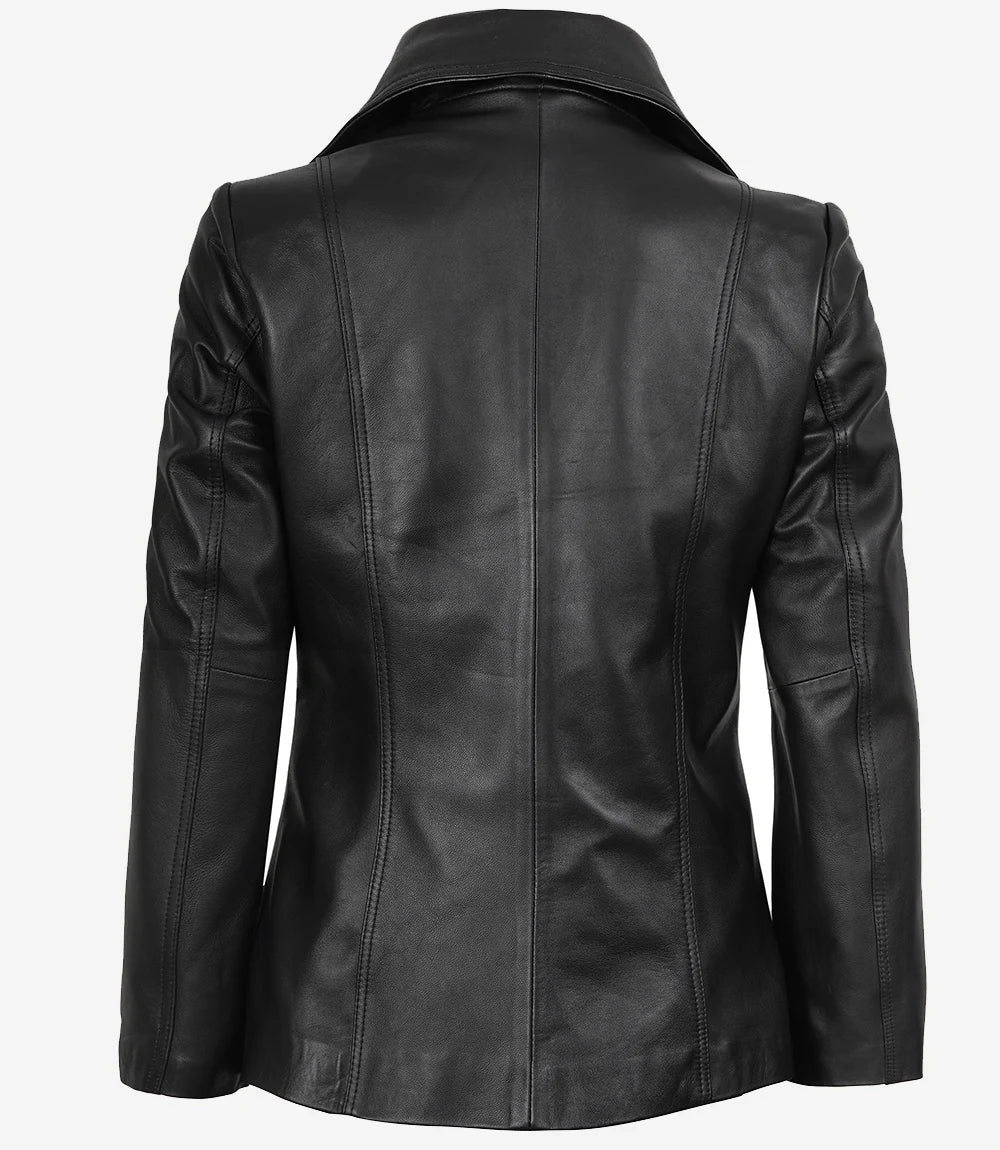 Womens Two Button Black Premium Leather Blazer