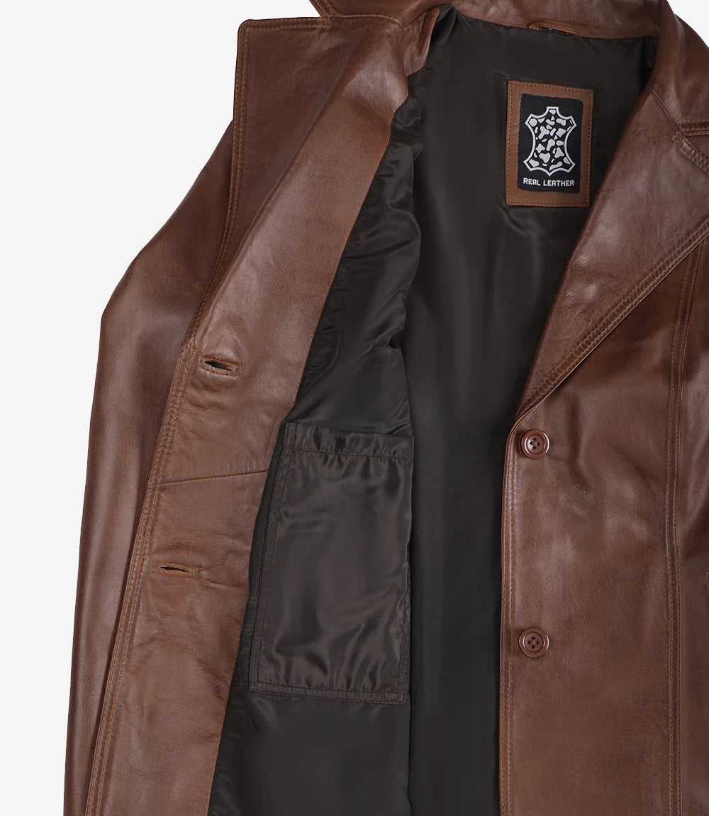 Women's Notch Lapel Two Button Cognac Leather Blazer