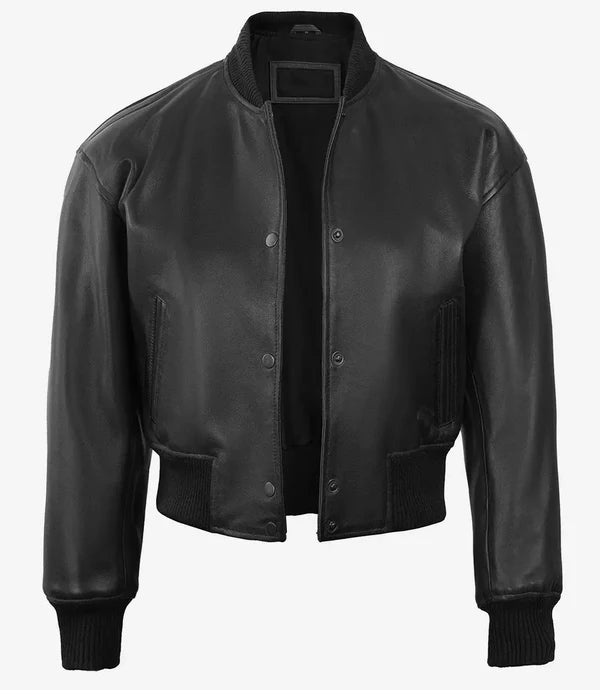 Julee Womens Black Snap Button Cropped Leather Bomber Jacket