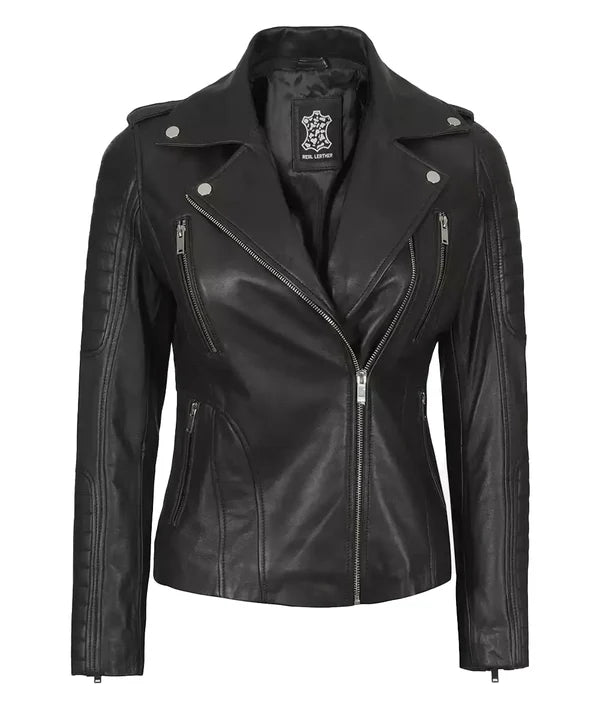 Womens Black Leather Biker Style Jacket With Removable Hood