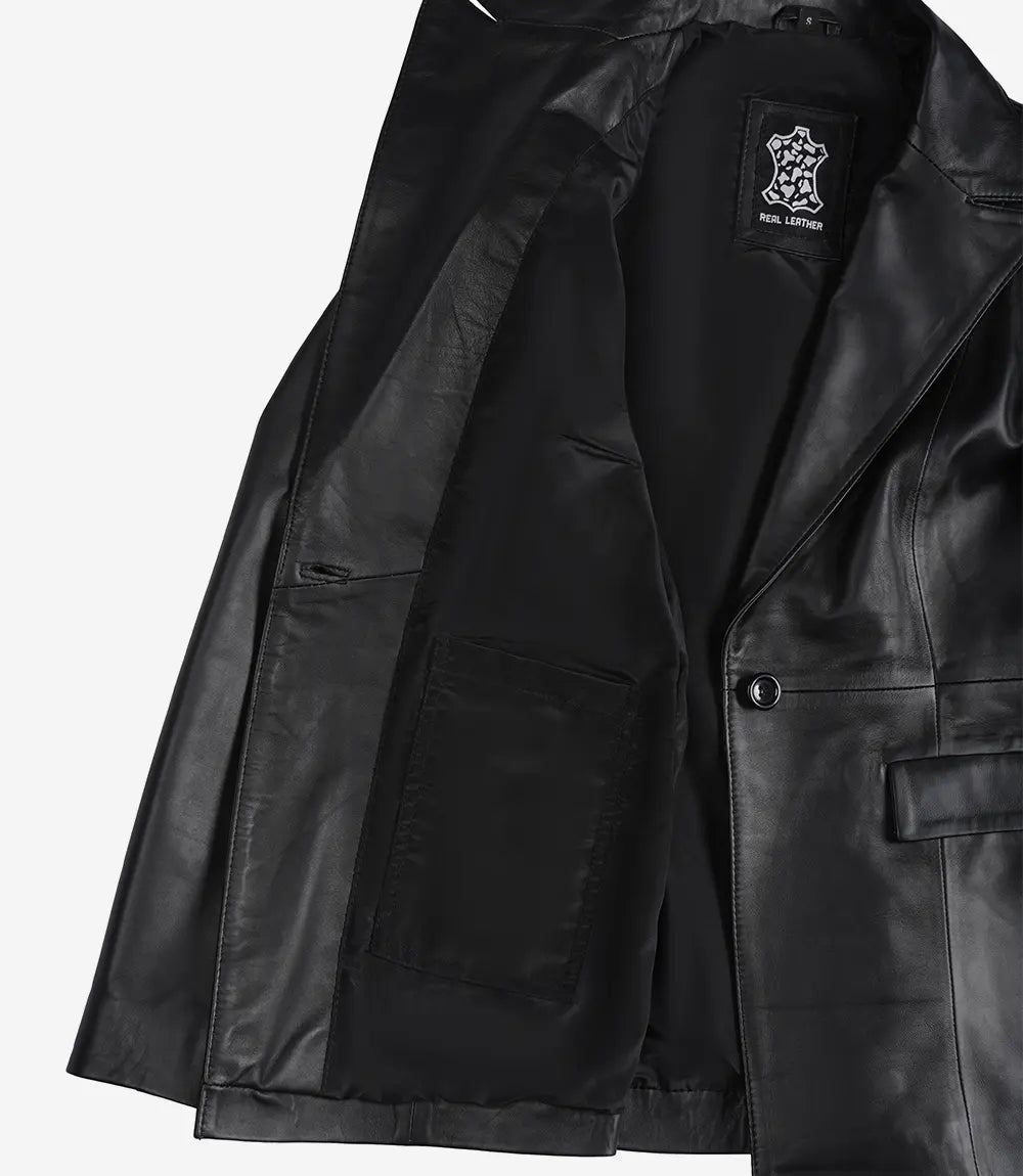 Womens Single Button Black Leather Blazer - Peak Lapel