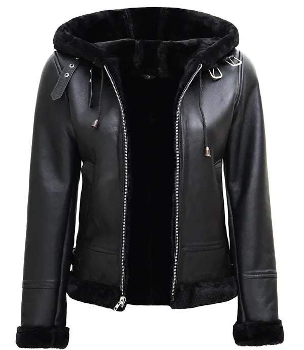 Womens Black Leather Hooded Shearling Jacket