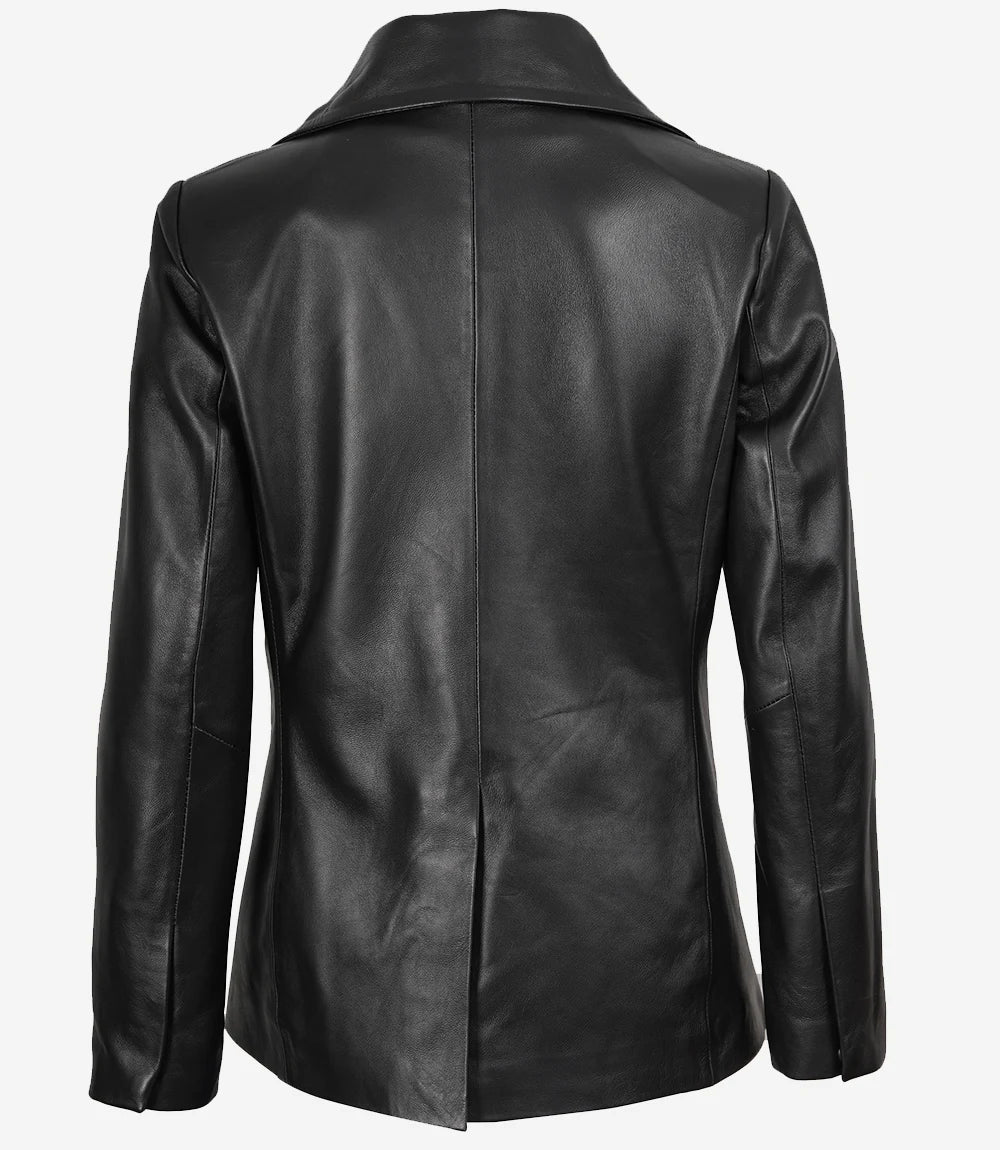 Notch Lapel Collar Double Breasted Black Leather Coat Women