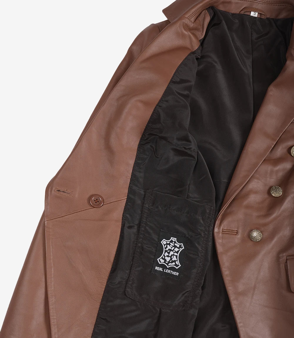 Womens Kim Double Breasted Cognac Leather Blazer