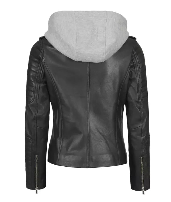 Womens Black Leather Biker Style Jacket With Removable Hood