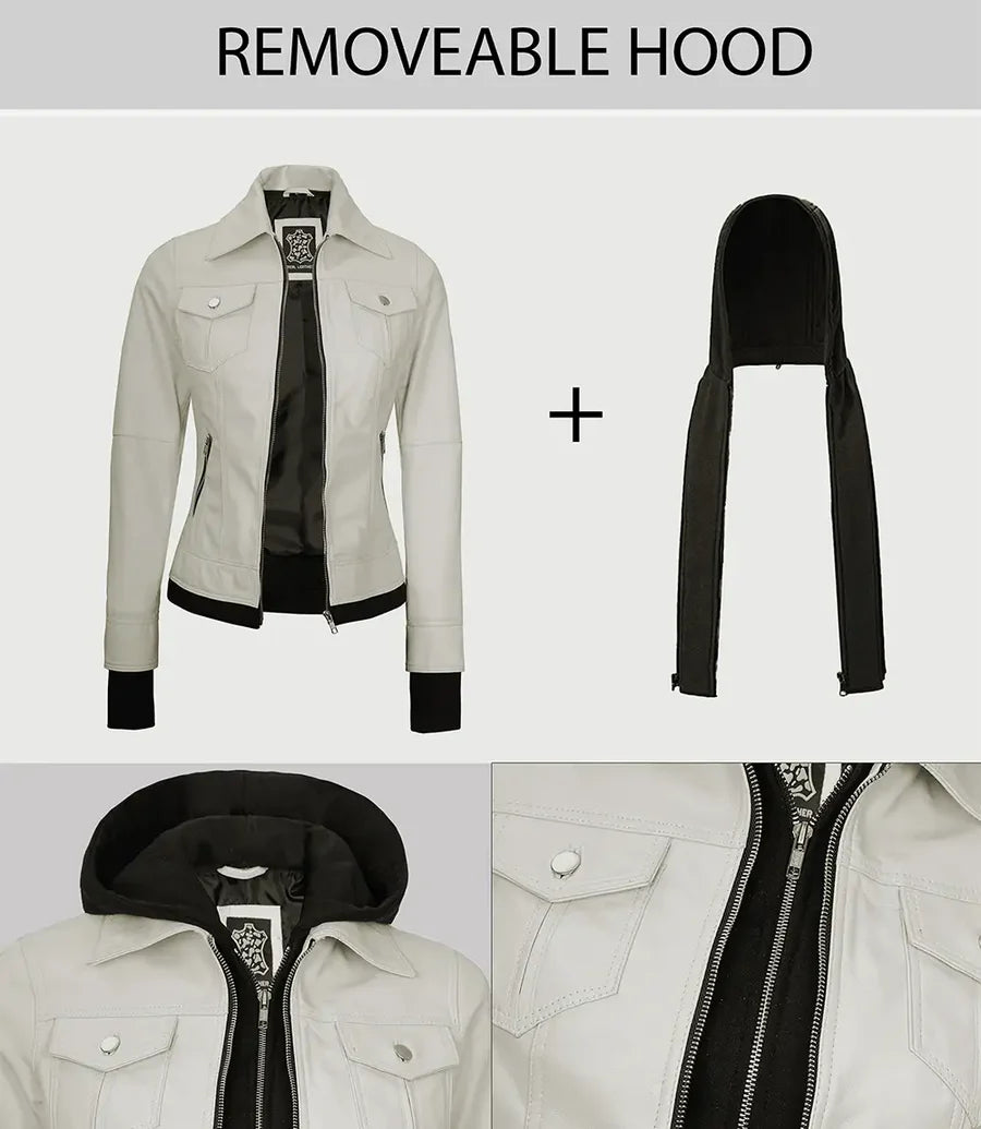 Womens Off White Biker Style Leather Jacket with Hood