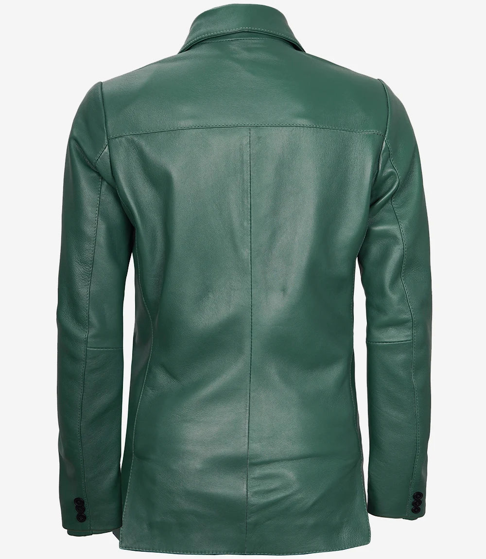 Womens Two Button Green Leather Blazer