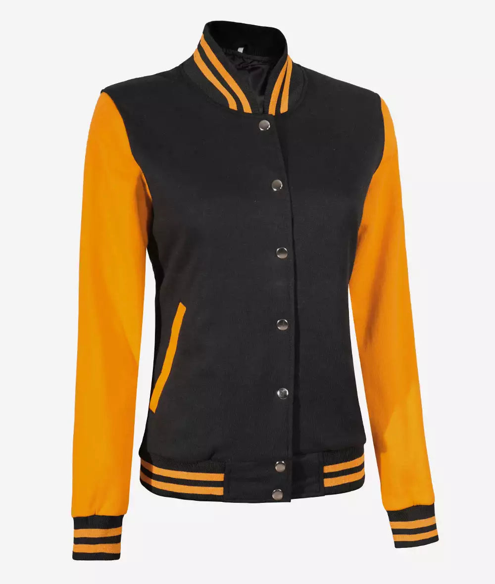 Women’s Black and Yellow Letterman Jacket – Baseball Style Varsity Bomber